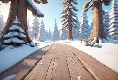 The primary subject of the image is a wooden path surrounded by snow-covered trees. The setting is a winter landscape with a snowy path leading through a forest. The visual style is a digital art or illustration, creating a serene and peaceful atmosphere. The dominant colors are white for the snow and brown for the wooden path, with the trees adding a touch of green.